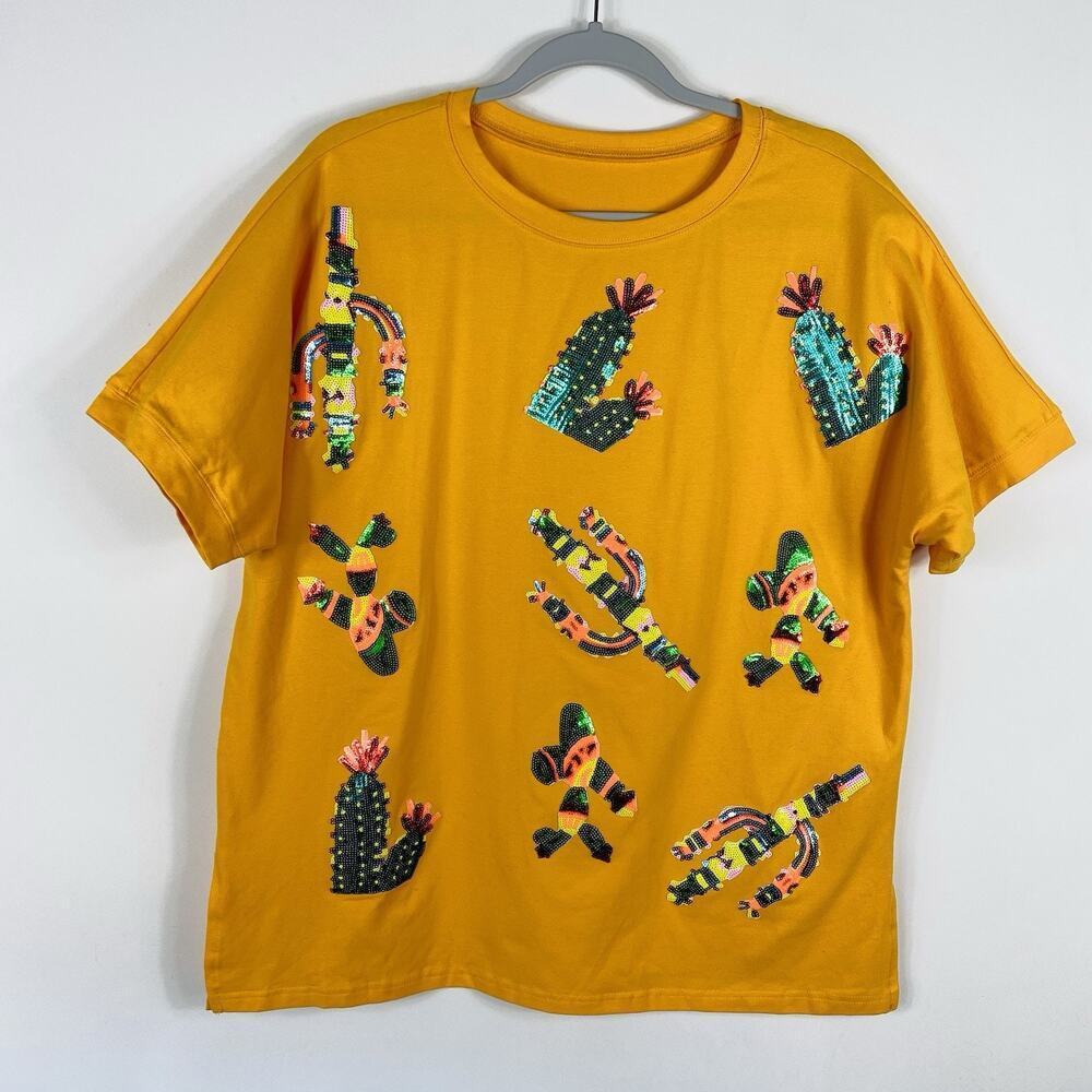 Women's T-Shirt Small Orange Sequin Cactus Oversized Short Sleeve Cotton Blend